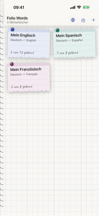 Folio Words: eine Pinnwand mit einem farbigen Zettel für jedes Wörterbuch