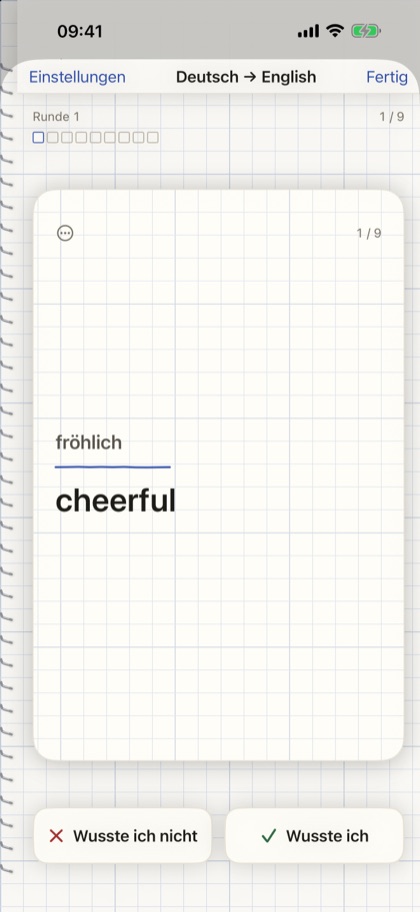 Folio Words: eine Karteikarte mit den Buttons „Wusste ich nicht“ und „Wusste ich“