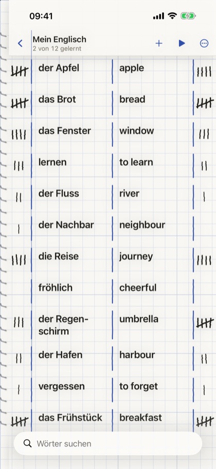 Folio Words: eine Wortliste auf kariertem Papier mit Strichen am Rand