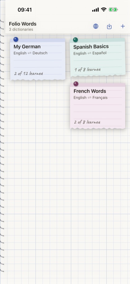 Folio Words: a board with a coloured note for each dictionary