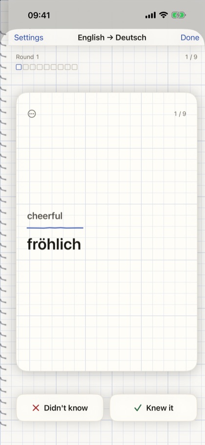 Folio Words: a flashcard with the buttons Didn't know and Knew it