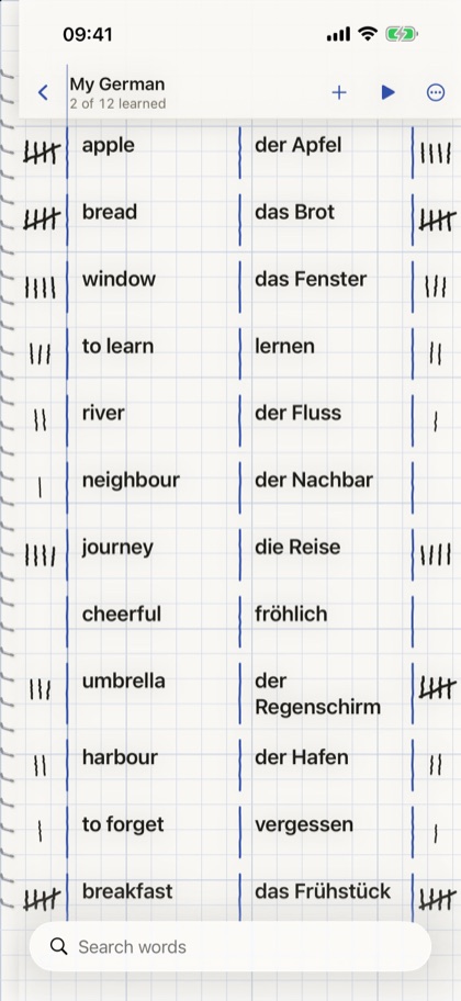 Folio Words: a word list on squared paper with tally marks in the margins